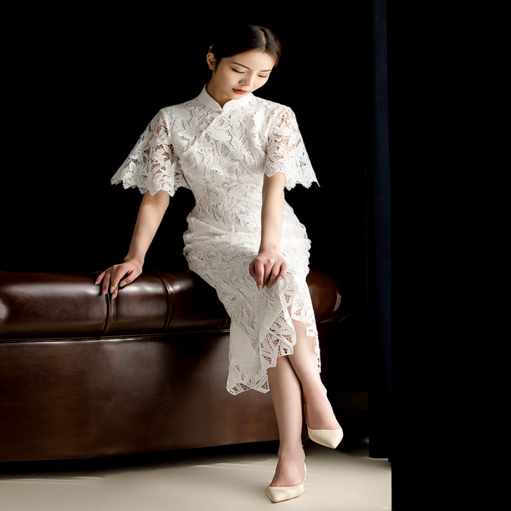 Dear Peony Iris White Cheongsam High End Bridal Engagement Toast Dress Lace Dress image 2