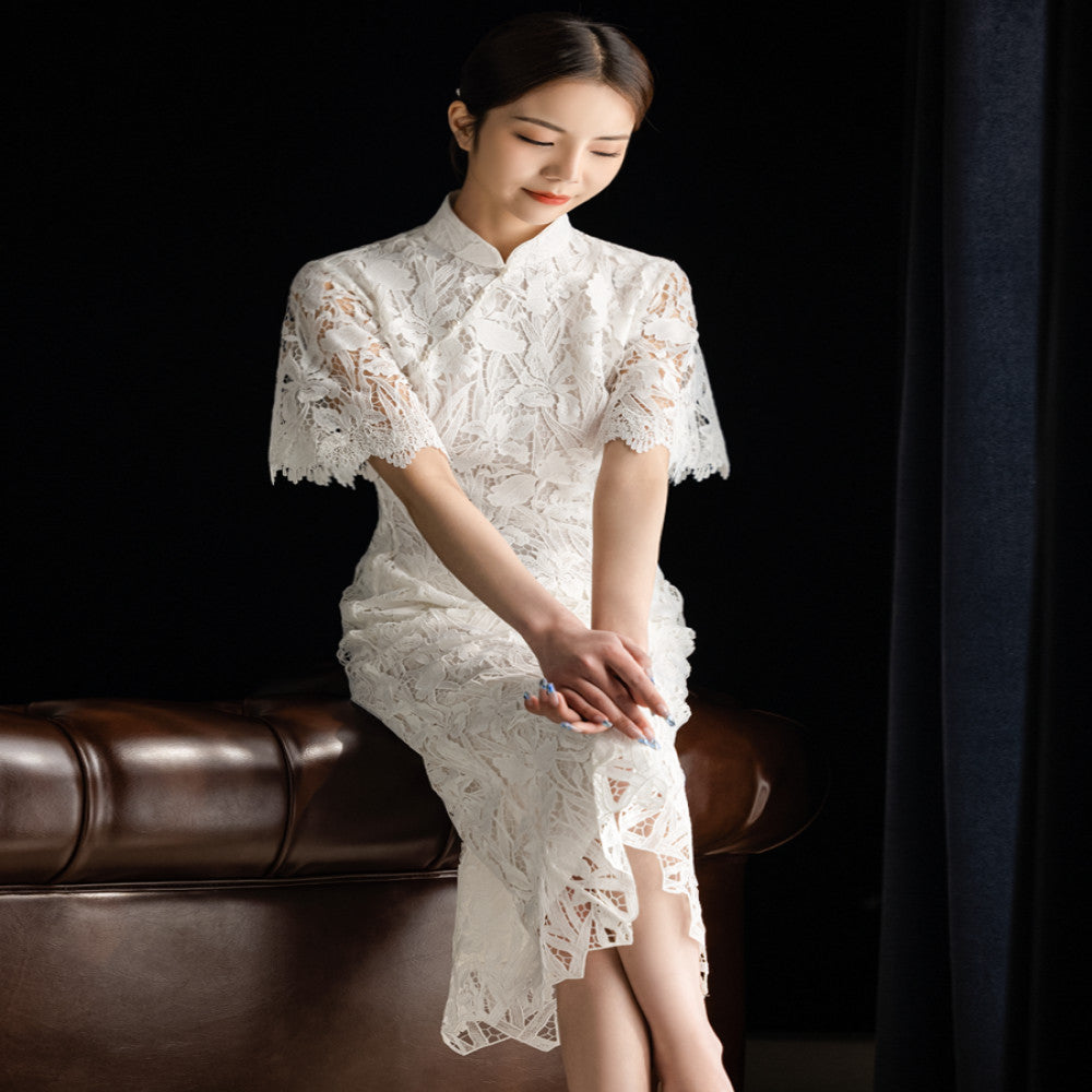 Dear Peony Iris White Cheongsam High End Bridal Engagement Toast Dress Lace Dress image 3