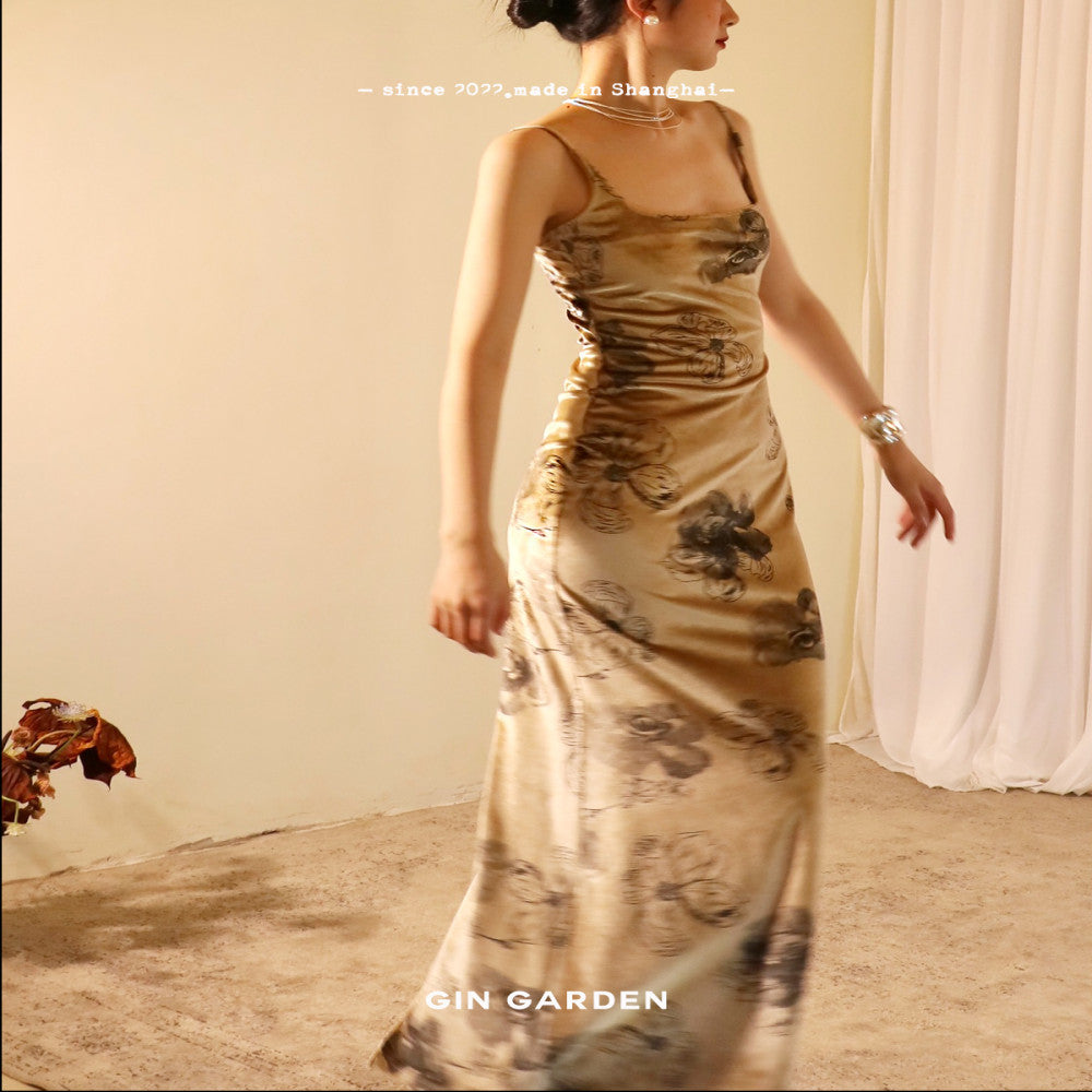 GinGarden original design slim fit U neck tea break niche print ink painting velvet exquisite spring and summer camisole skirt image 2