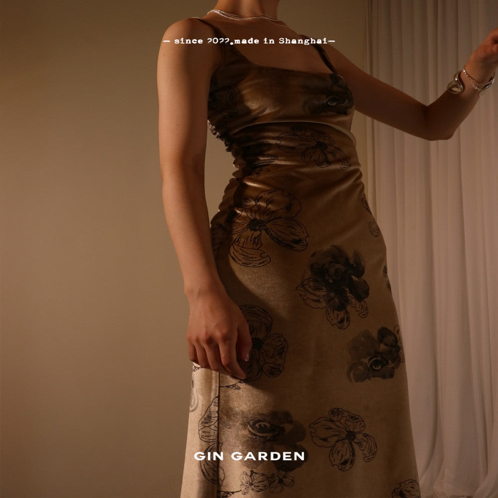 GinGarden original design slim fit U neck tea break niche print ink painting velvet exquisite spring and summer camisole skirt image 5