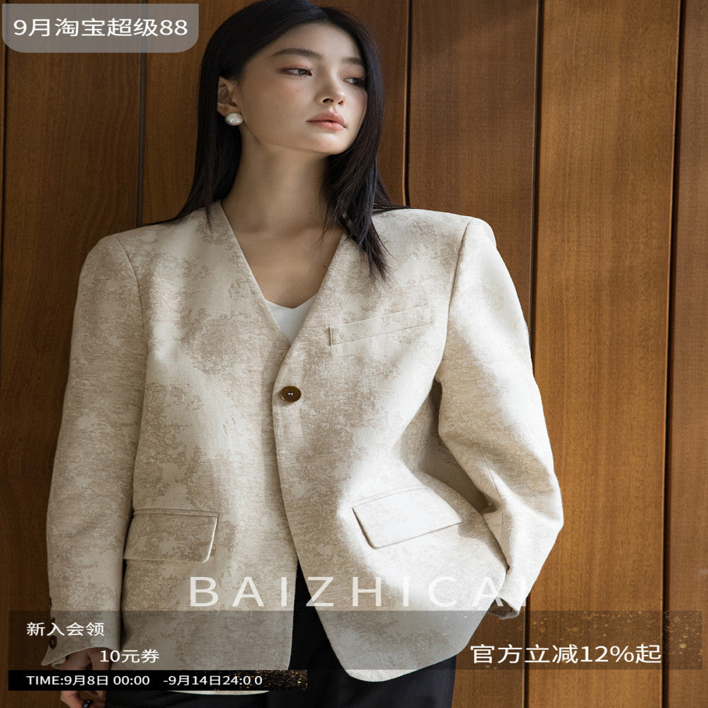 The same style as the counter slimming and encrypted linen king bomb collarless suit 325 simple jacquard light luxury cotton material comfortable jacket image 1