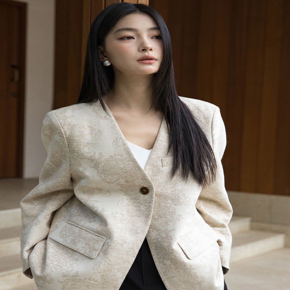 The same style as the counter slimming and encrypted linen king bomb collarless suit 325 simple jacquard light luxury cotton material comfortable jacket image 2