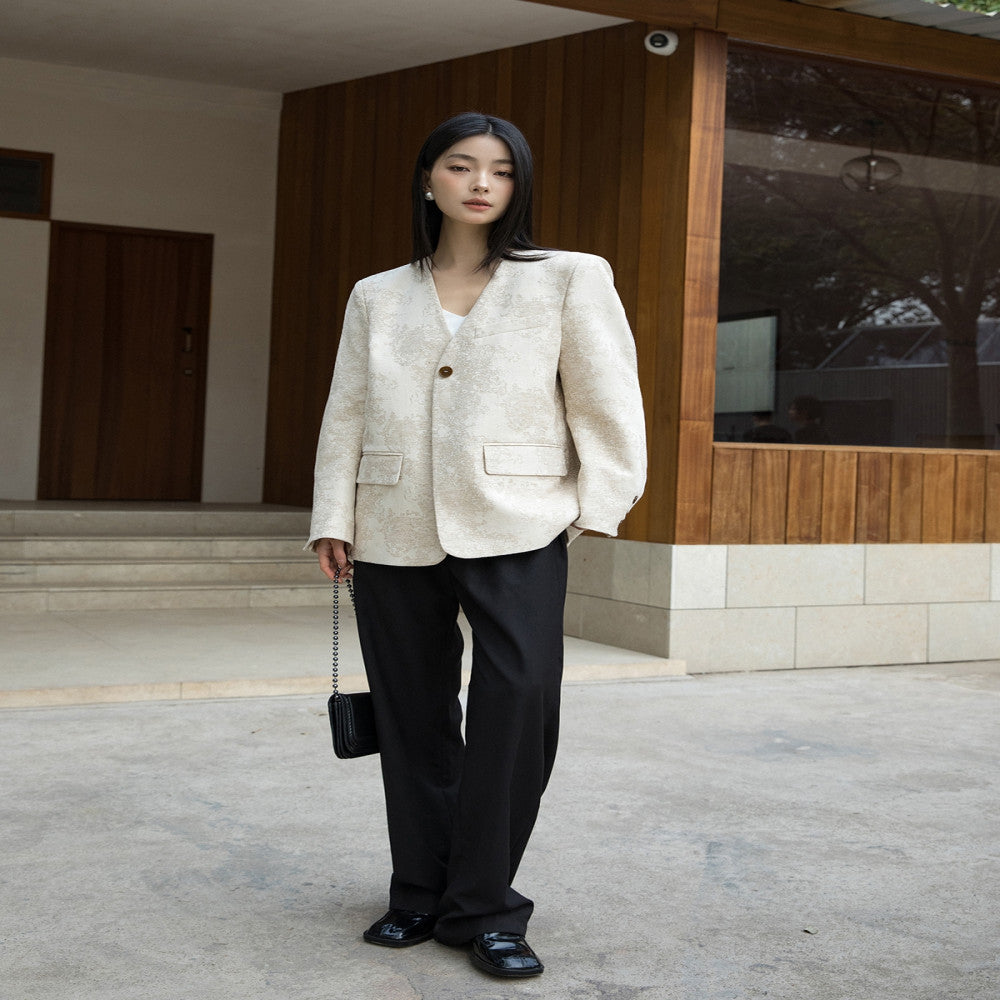 The same style as the counter slimming and encrypted linen king bomb collarless suit 325 simple jacquard light luxury cotton material comfortable jacket image 3