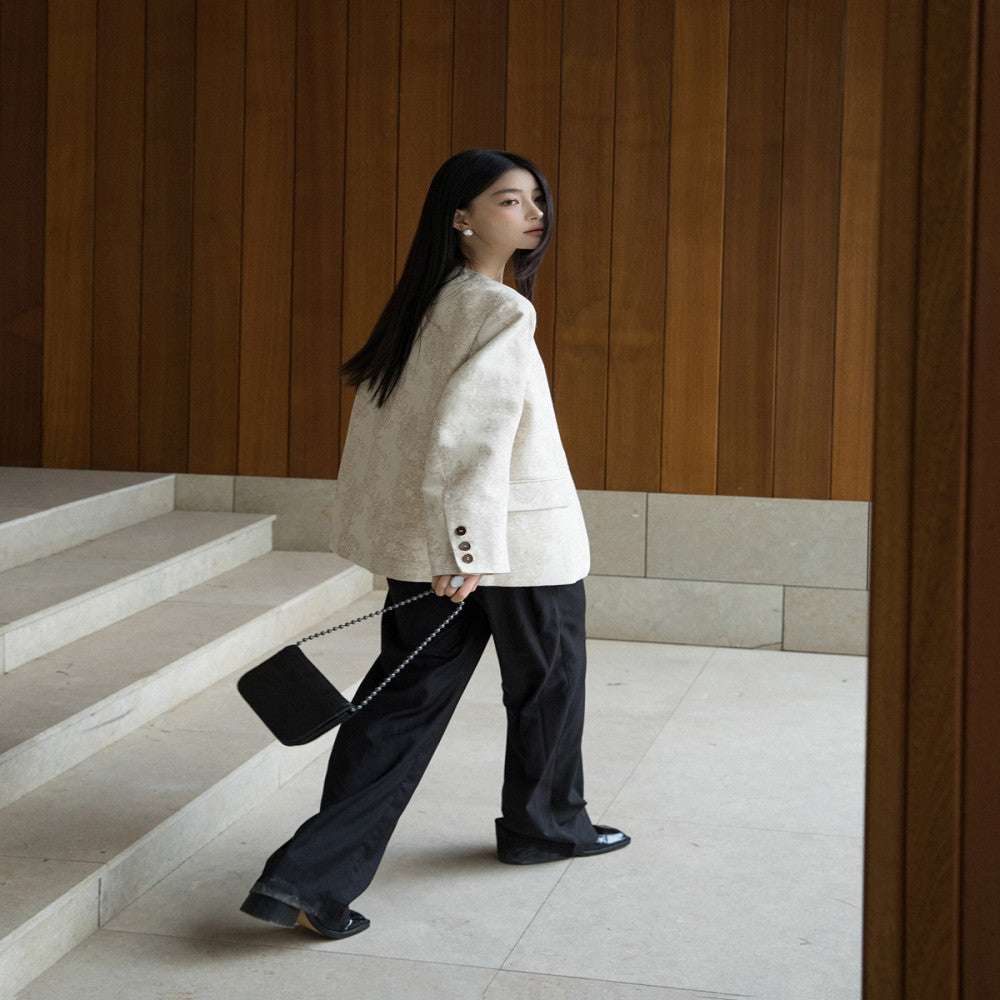 The same style as the counter slimming and encrypted linen king bomb collarless suit 325 simple jacquard light luxury cotton material comfortable jacket image 4