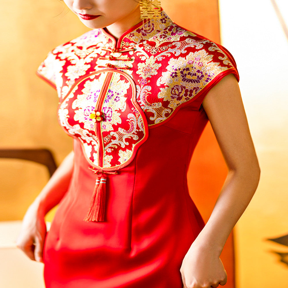 Dear Peony Phoenix Xi New Chinese Bridal Wedding Cheongsam Engagement Red Toast Dress Improved Xiuhe Dress image 3