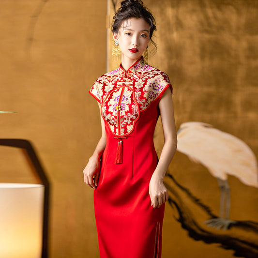 ASAYA3166 Peony bride wedding cheongsam engagement red toast dress