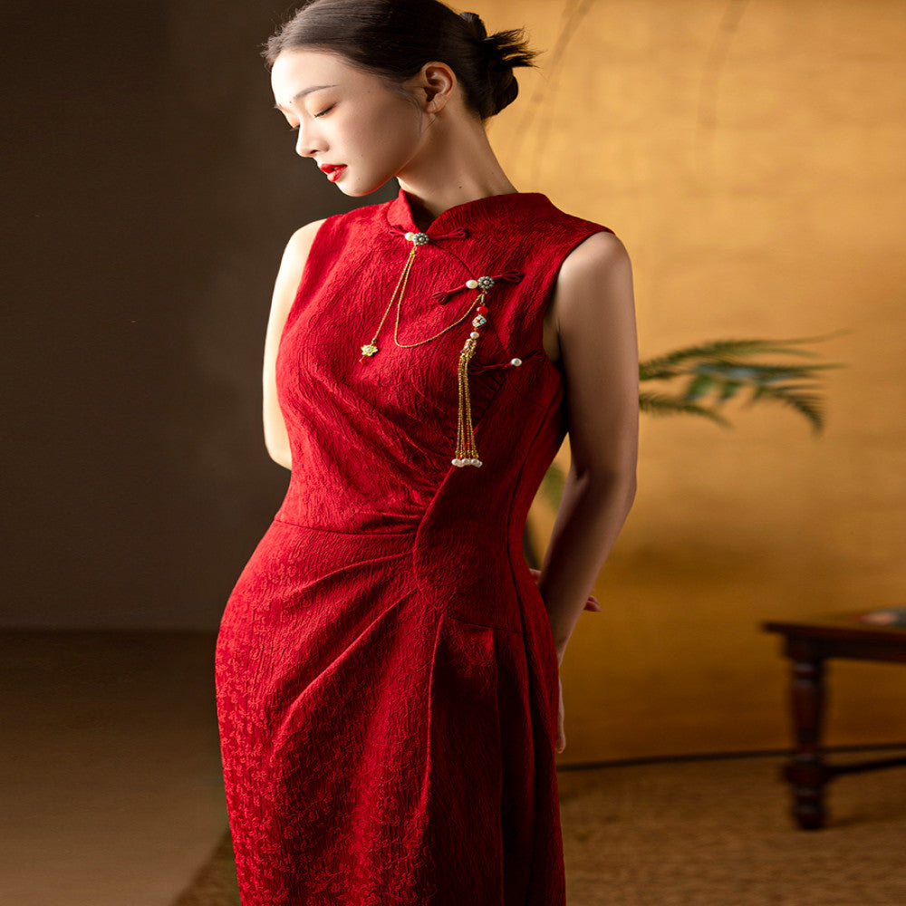 Dear Peony Zhi Xi New Chinese Red Slimming Improved Cheongsam Bridal Toasting Dress Engagement Certificate image 1
