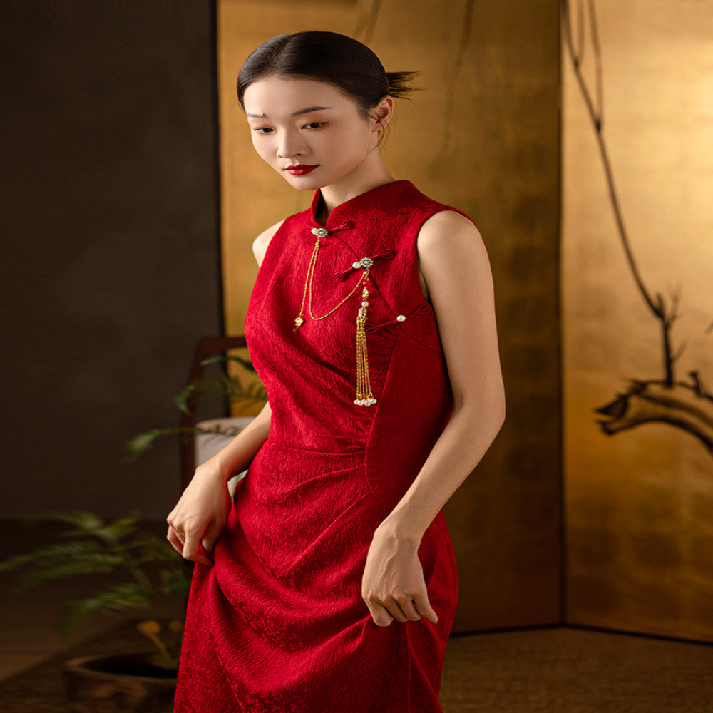 Dear Peony Zhi Xi New Chinese Red Slimming Improved Cheongsam Bridal Toasting Dress Engagement Certificate image 2
