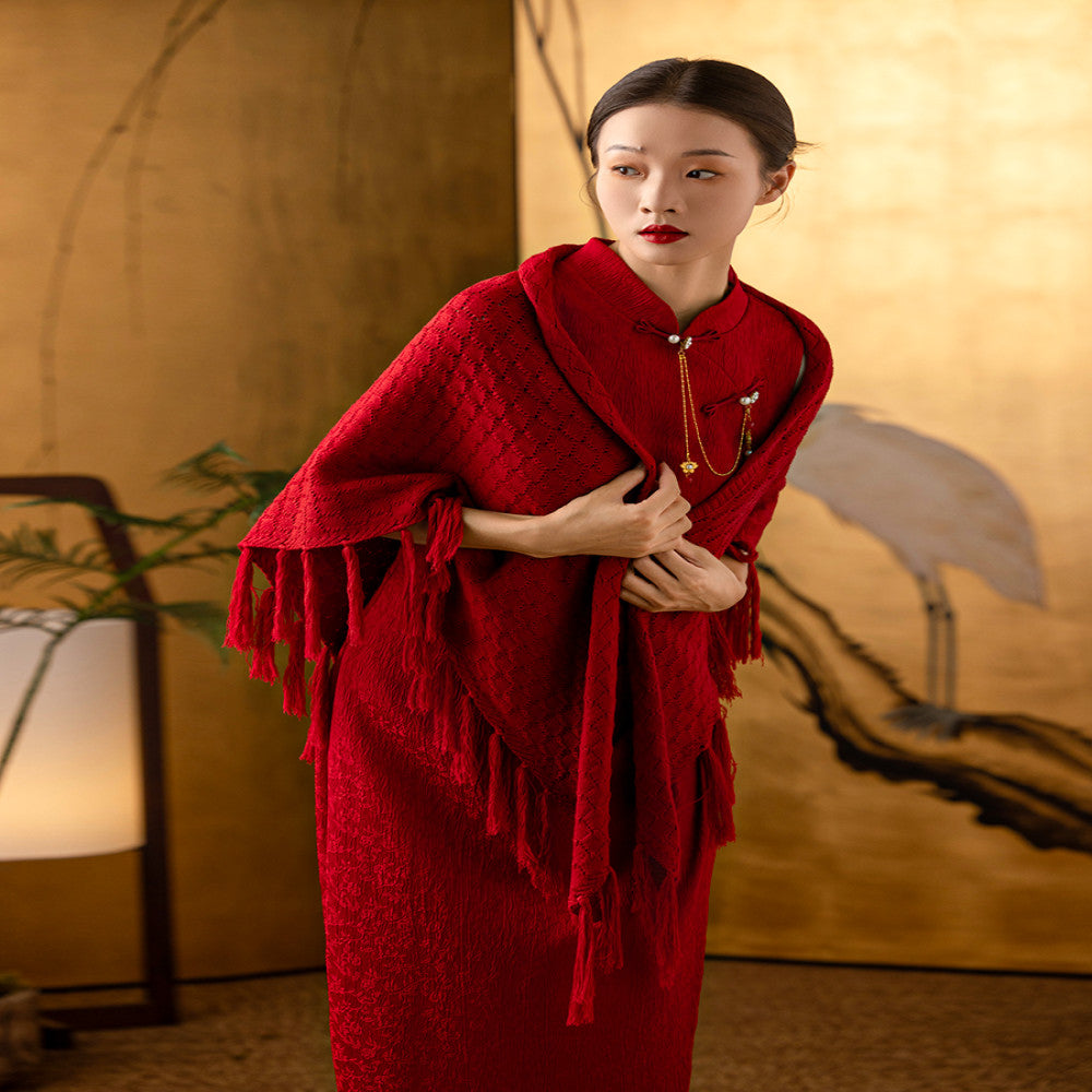 Dear Peony Zhi Xi New Chinese Red Slimming Improved Cheongsam Bridal Toasting Dress Engagement Certificate image 3