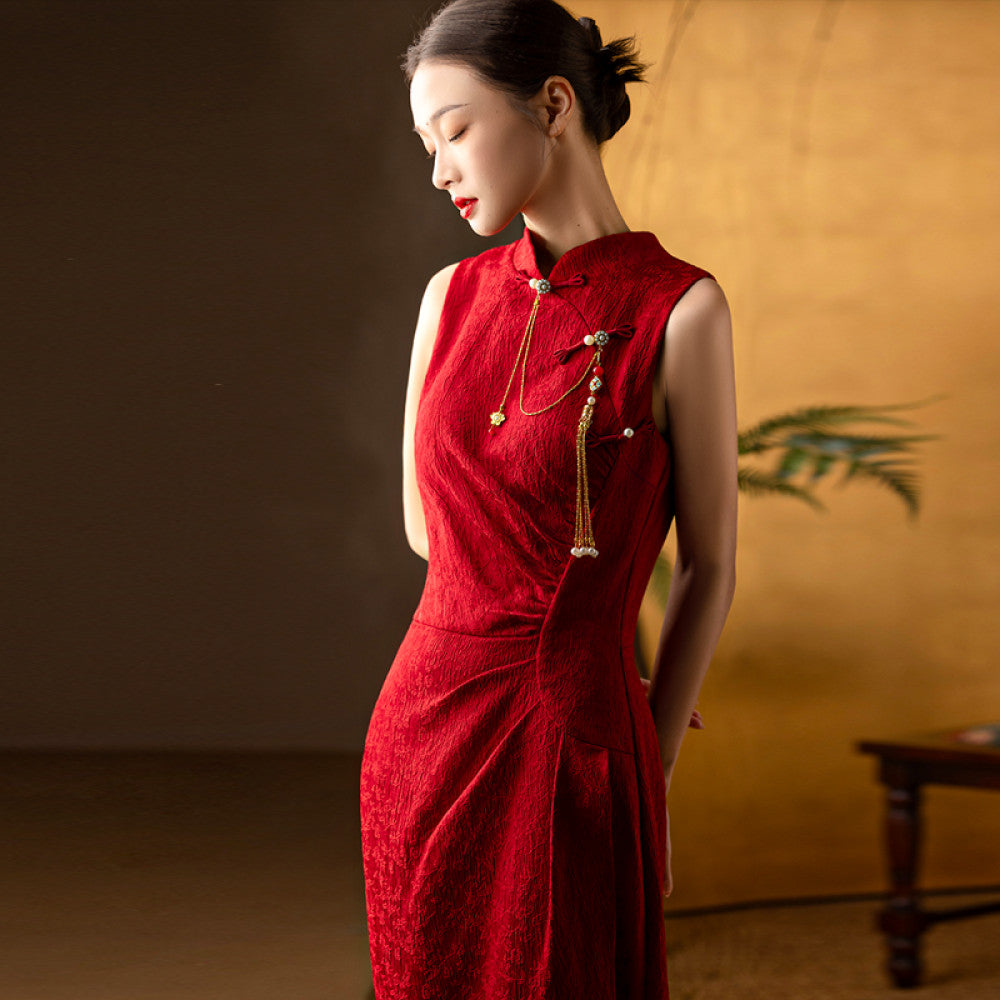 Dear Peony Zhi Xi New Chinese Red Slimming Improved Cheongsam Bridal Toasting Dress Engagement Certificate image 15
