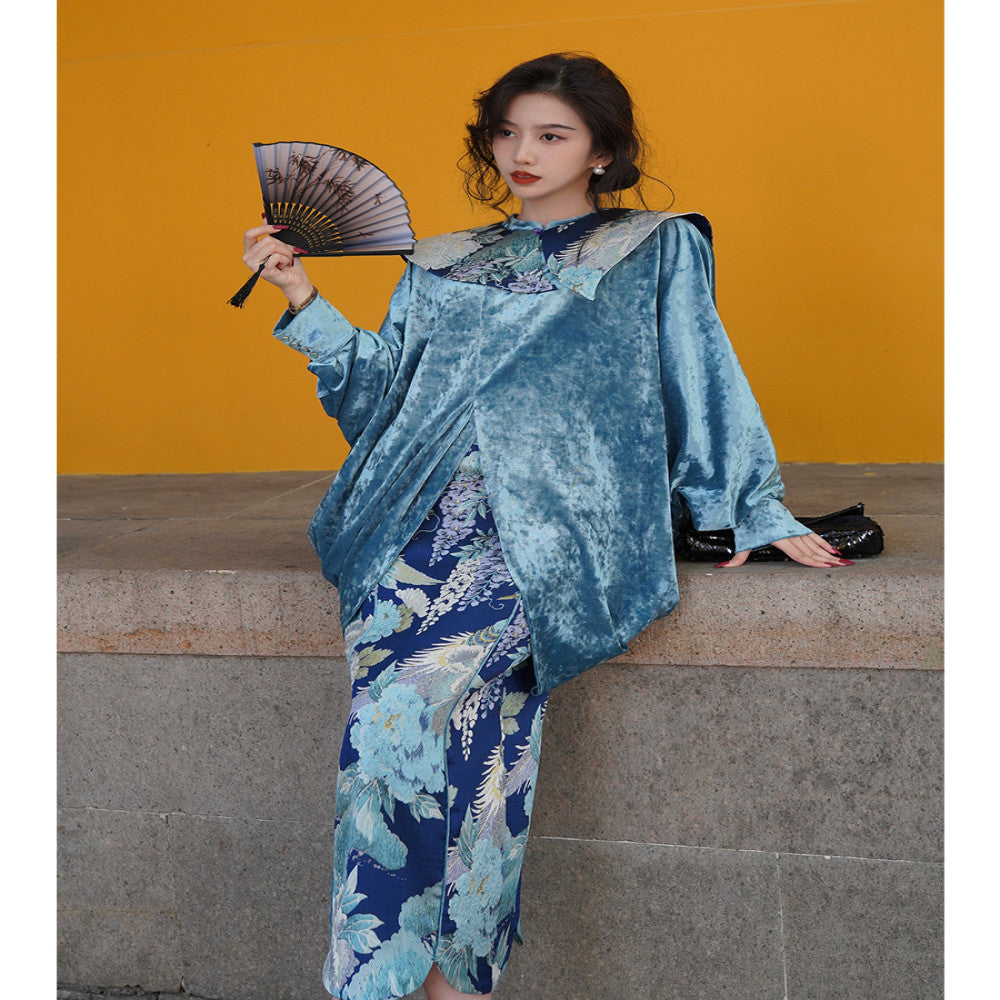 Chengyu Gaoding Feifeng Jinglan New Chinese style Golden Velvet Top Jacquard Vest Half Skirt Three piece Set image 2