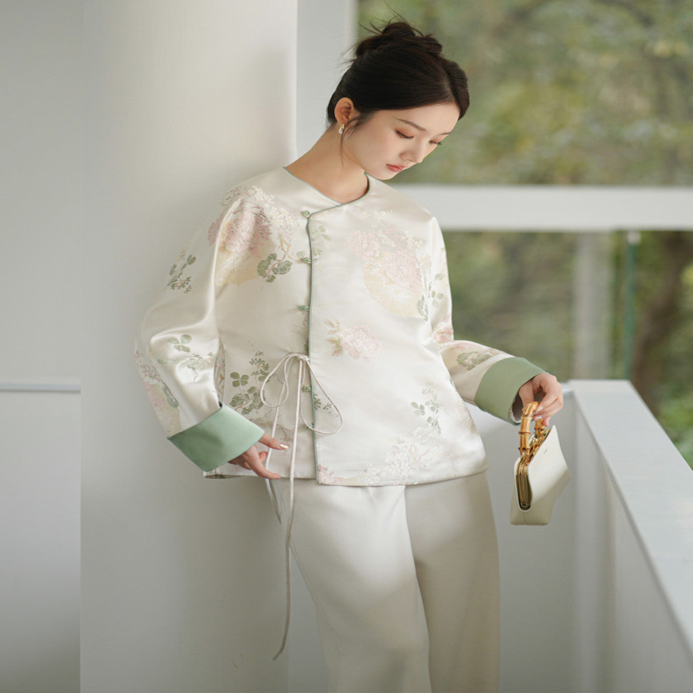 Chuchan Qingping Le New Chinese Style Coat 2025 Autumn Edition New Tea Clothes Retro Song Jin Jacquard Top image 2