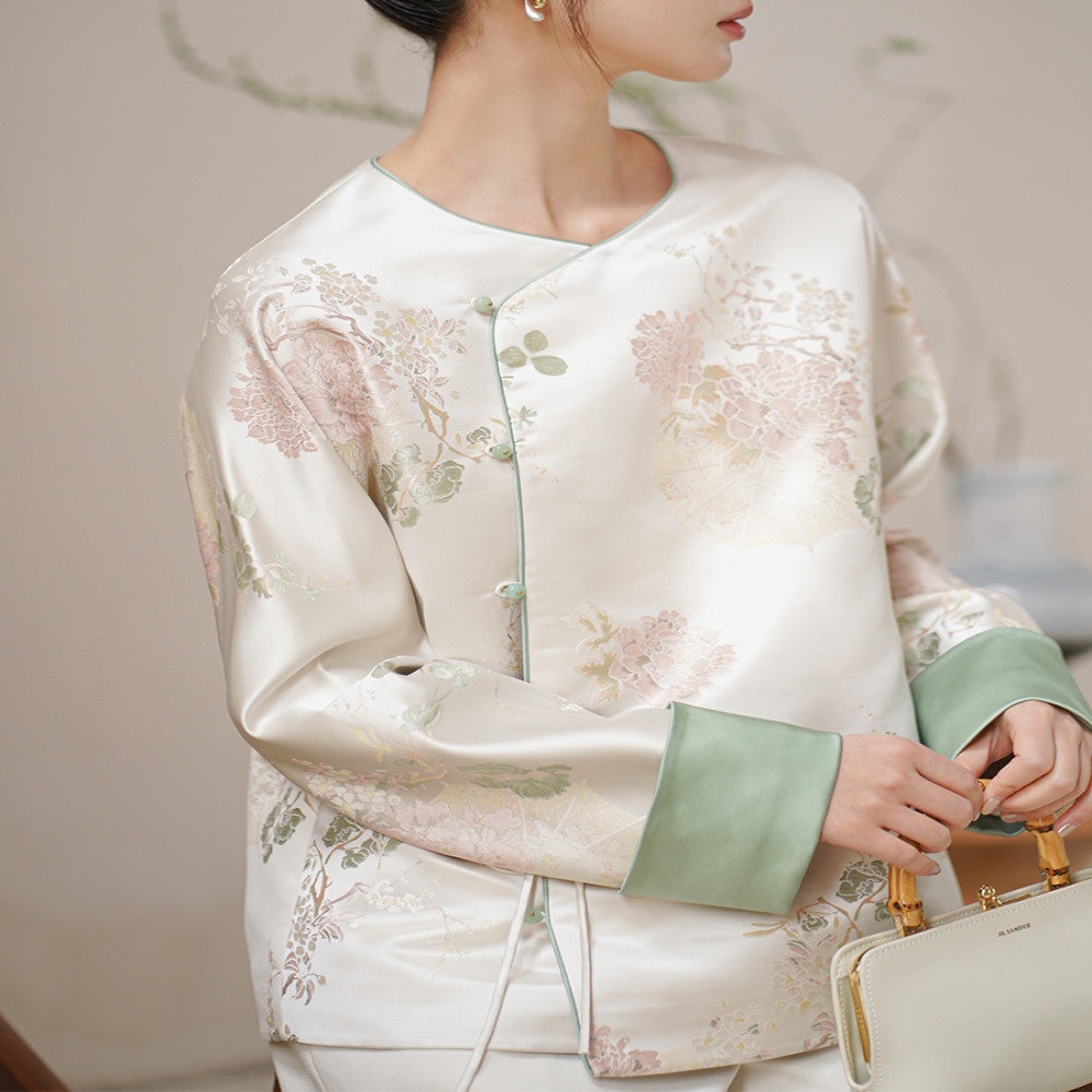 Chuchan Qingping Le New Chinese Style Coat 2025 Autumn Edition New Tea Clothes Retro Song Jin Jacquard Top image 0