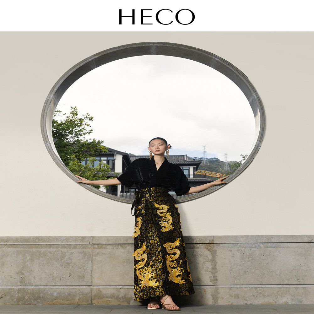 HECO Golden Dragon Swirling New Chinese Style Golden the Year of the Loong Horse Skirt Women s 2025 New Year Temperament Skirt image 3