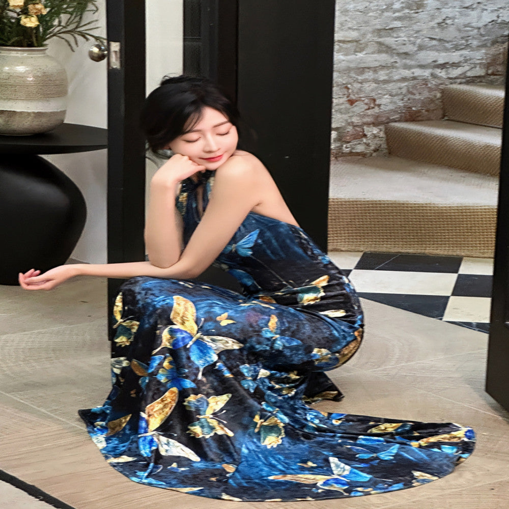 Like the gilded butterfly the new Chinese style improved cheongsam fish tail dress velvet shoulder cut backless dress long dress image 2