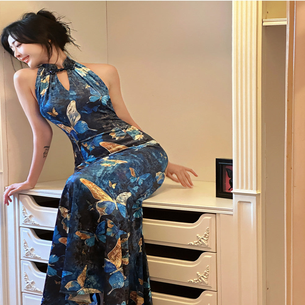 Like the gilded butterfly the new Chinese style improved cheongsam fish tail dress velvet shoulder cut backless dress long dress image 3