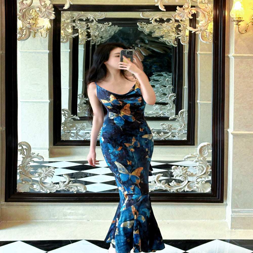 Like the gilded butterfly the new Chinese style improved cheongsam fish tail dress velvet shoulder cut backless dress long dress image 4