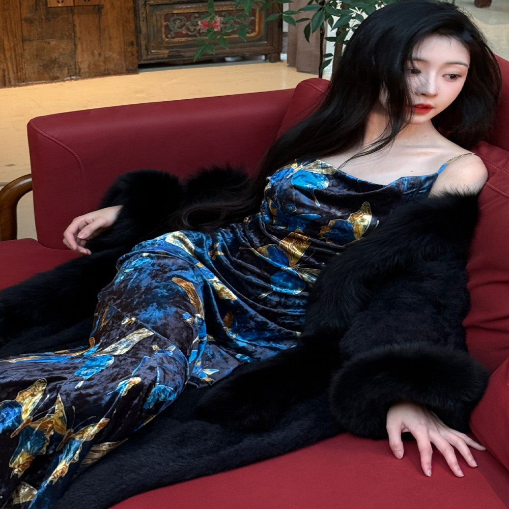 Like the gilded butterfly the new Chinese style improved cheongsam fish tail dress velvet shoulder cut backless dress long dress image 5