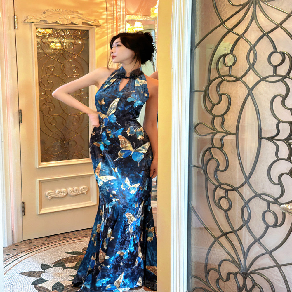 Like the gilded butterfly the new Chinese style improved cheongsam fish tail dress velvet shoulder cut backless dress long dress image 0