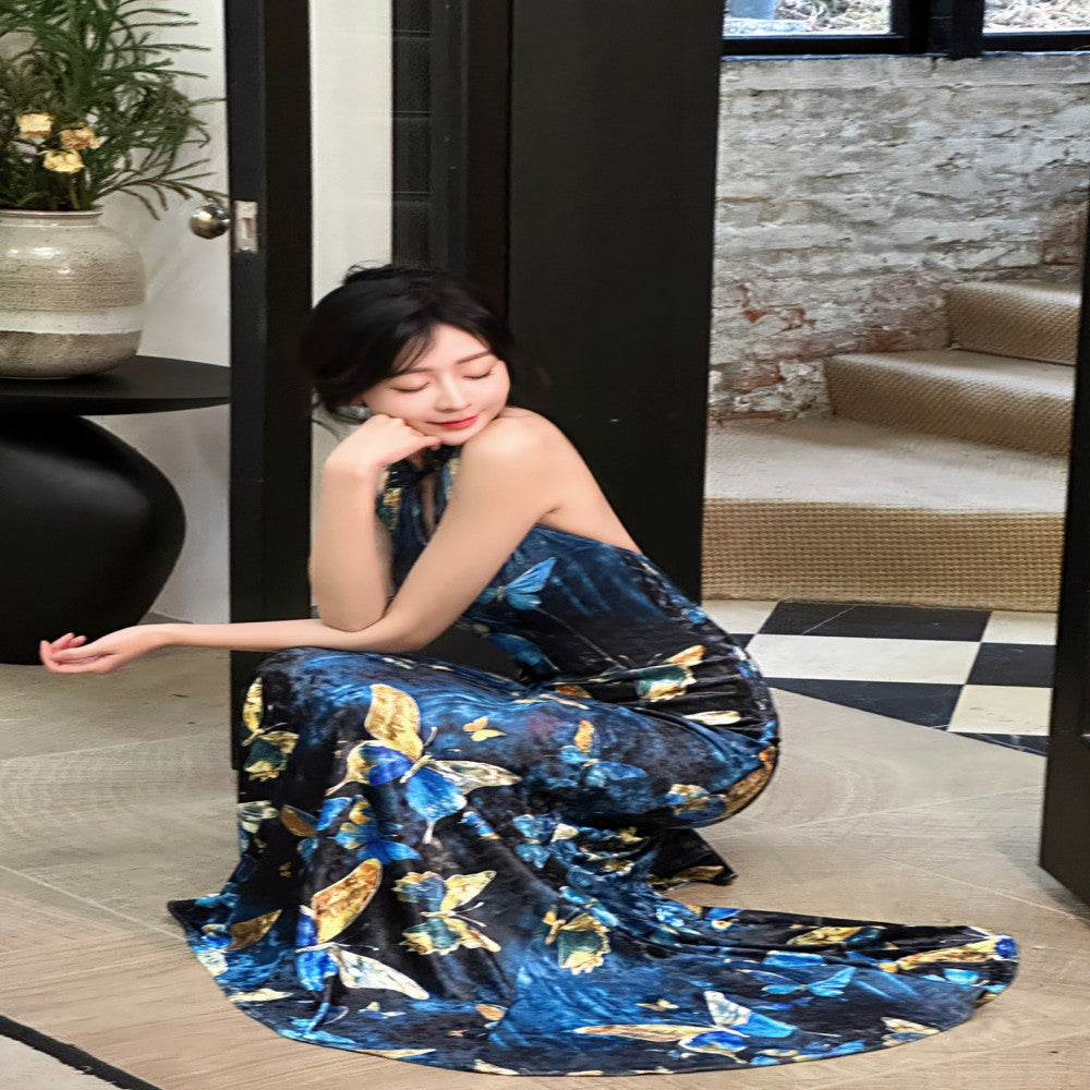 Like the gilded butterfly the new Chinese style improved cheongsam fish tail dress velvet shoulder cut backless dress long dress image 8