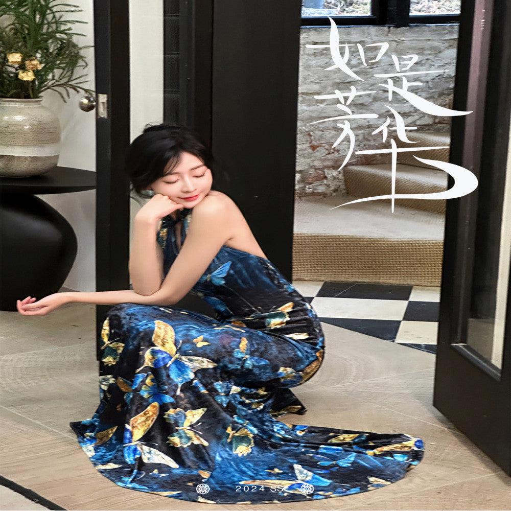 Like the gilded butterfly the new Chinese style improved cheongsam fish tail dress velvet shoulder cut backless dress long dress image 16