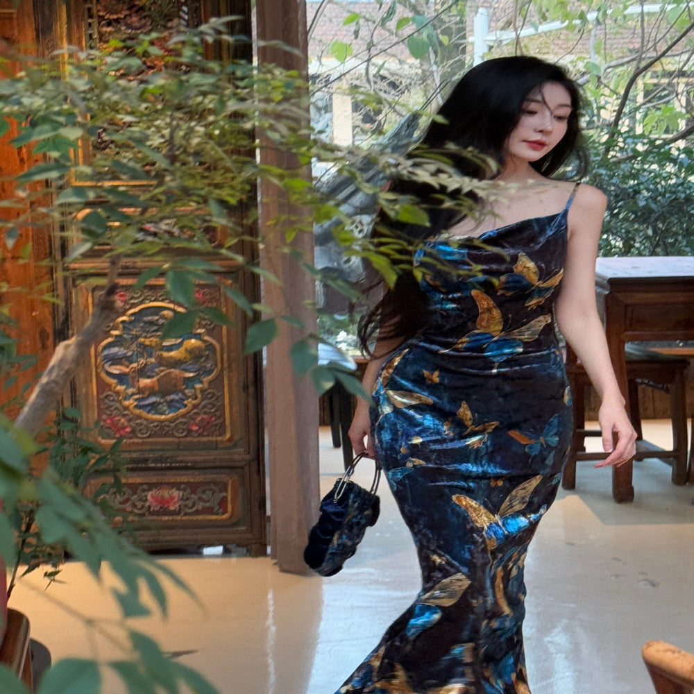 Like the gilded butterfly the new Chinese style improved cheongsam fish tail dress velvet shoulder cut backless dress long dress image 23