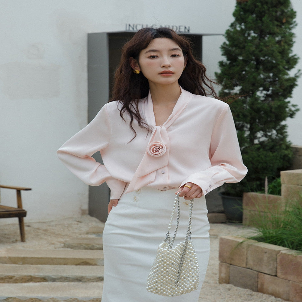 Pink shirt women s spring and autumn French retro shirt design sense niche top 6135 fashionable commuting versatile shirt image 2