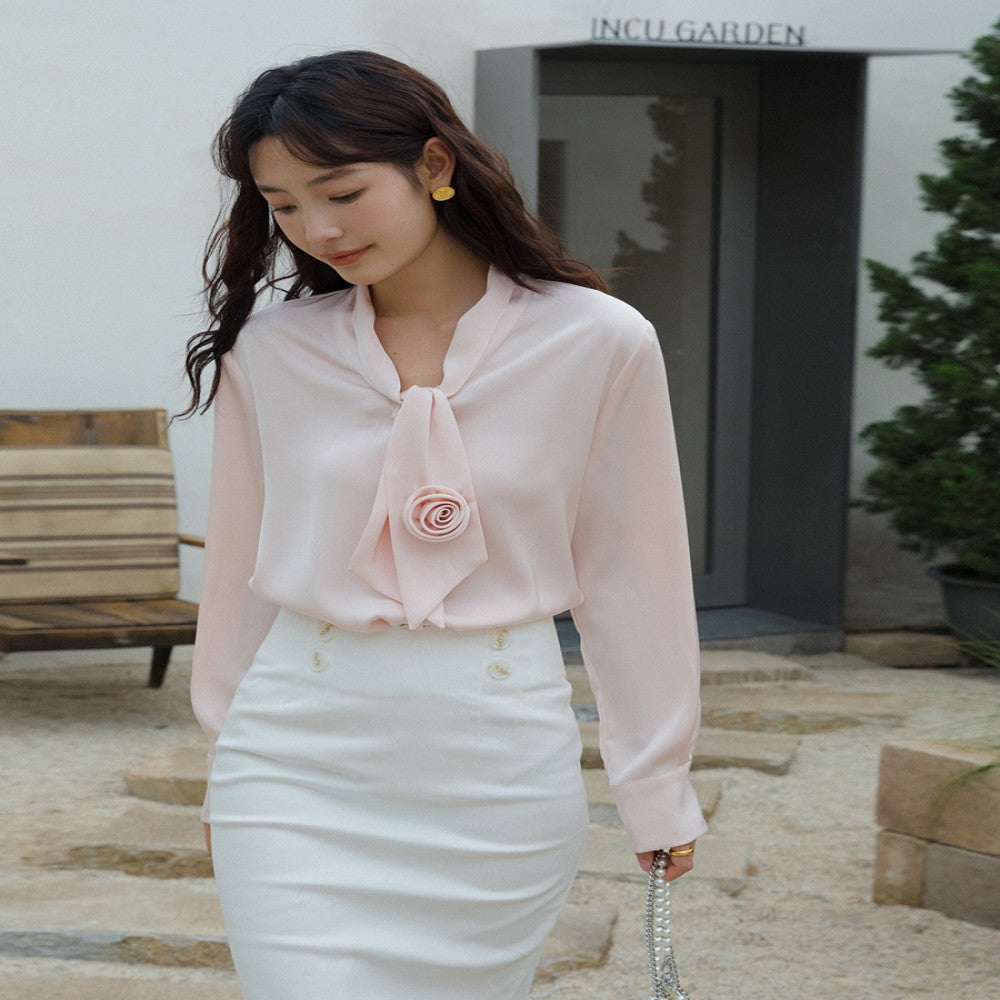 Pink shirt women s spring and autumn French retro shirt design sense niche top 6135 fashionable commuting versatile shirt image 3