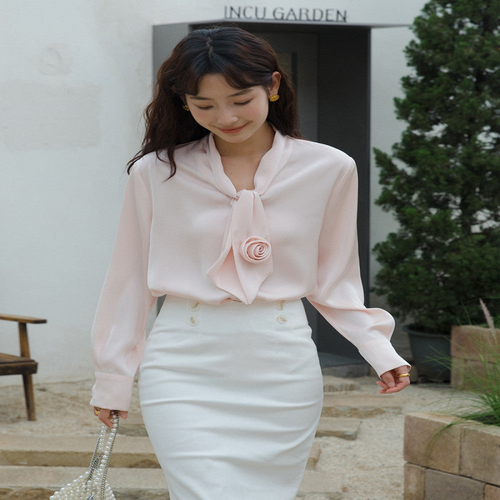 Pink shirt women s spring and autumn French retro shirt design sense niche top 6135 fashionable commuting versatile shirt image 4