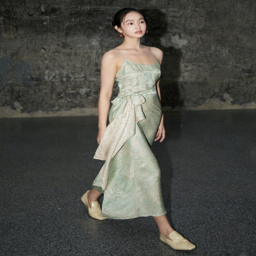 Silk interwoven jacquard fabric with front and back colors wrapped in a lace up design and suspender skirt image 1