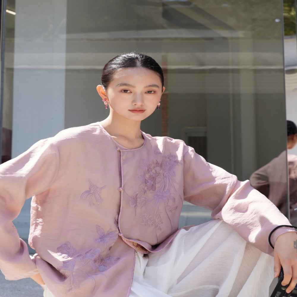 Jacquard human silk fabric u0026flower and bird embroidery organza both sides can be worn Chinese style jacket sold out and not restocked image 1