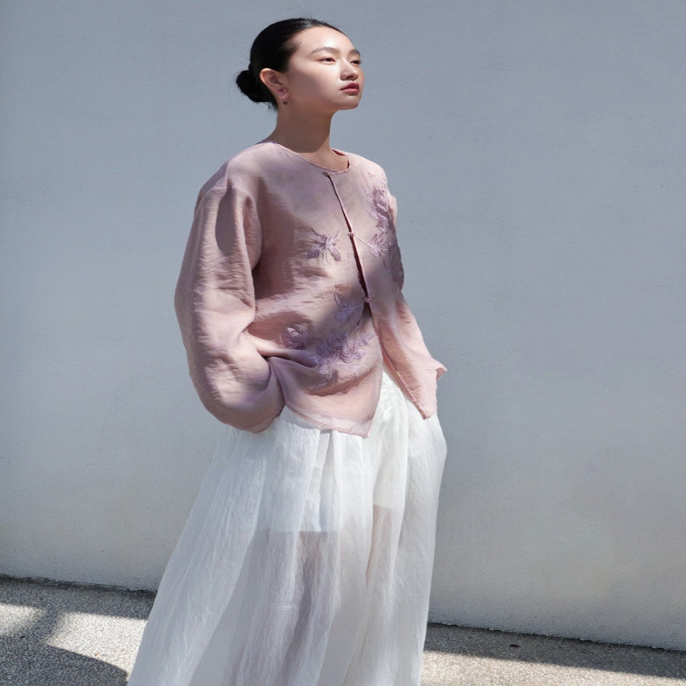 Jacquard human silk fabric u0026flower and bird embroidery organza both sides can be worn Chinese style jacket sold out and not restocked image 5