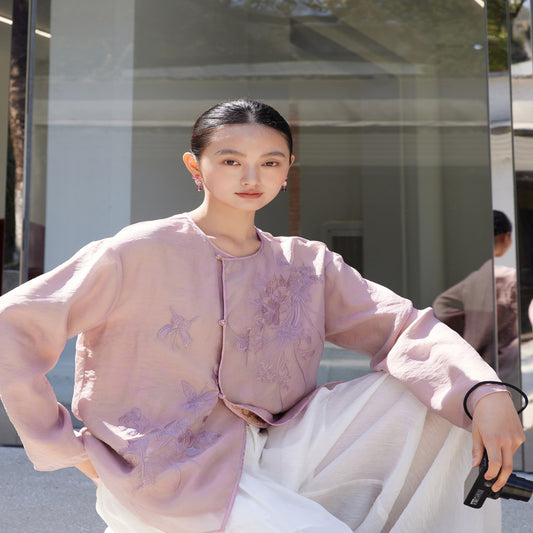 ASAYA3117 Jacquard rayon fabric & organza with flower and bird embroidery Chinese style jacket