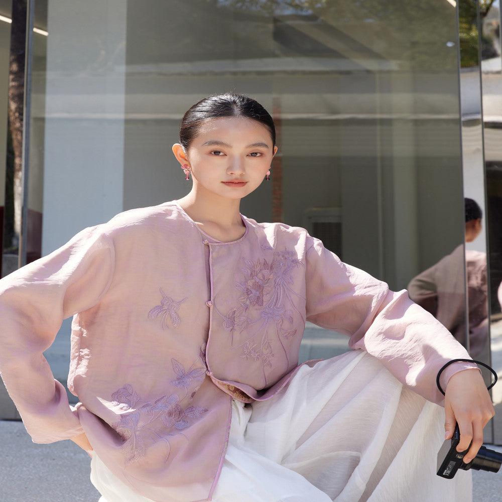 Jacquard human silk fabric u0026flower and bird embroidery organza both sides can be worn Chinese style jacket sold out and not restocked image 10