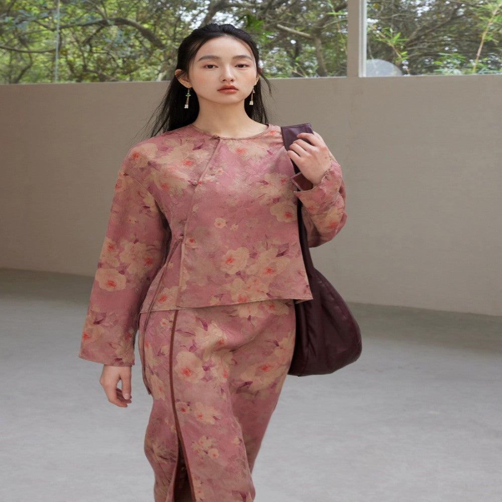 Hua Luo Di Hong Yun Sha 100 Mulberry Silk New Chinese style Slant Front Coat Improved Cheongsam Skirt image 5
