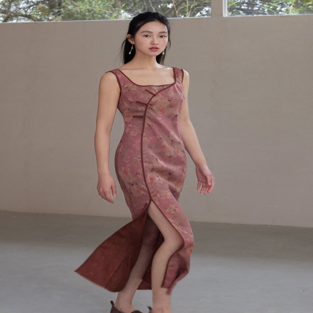 Hua Luo Di Hong Yun Sha 100 Mulberry Silk New Chinese style Slant Front Coat Improved Cheongsam Skirt image 9