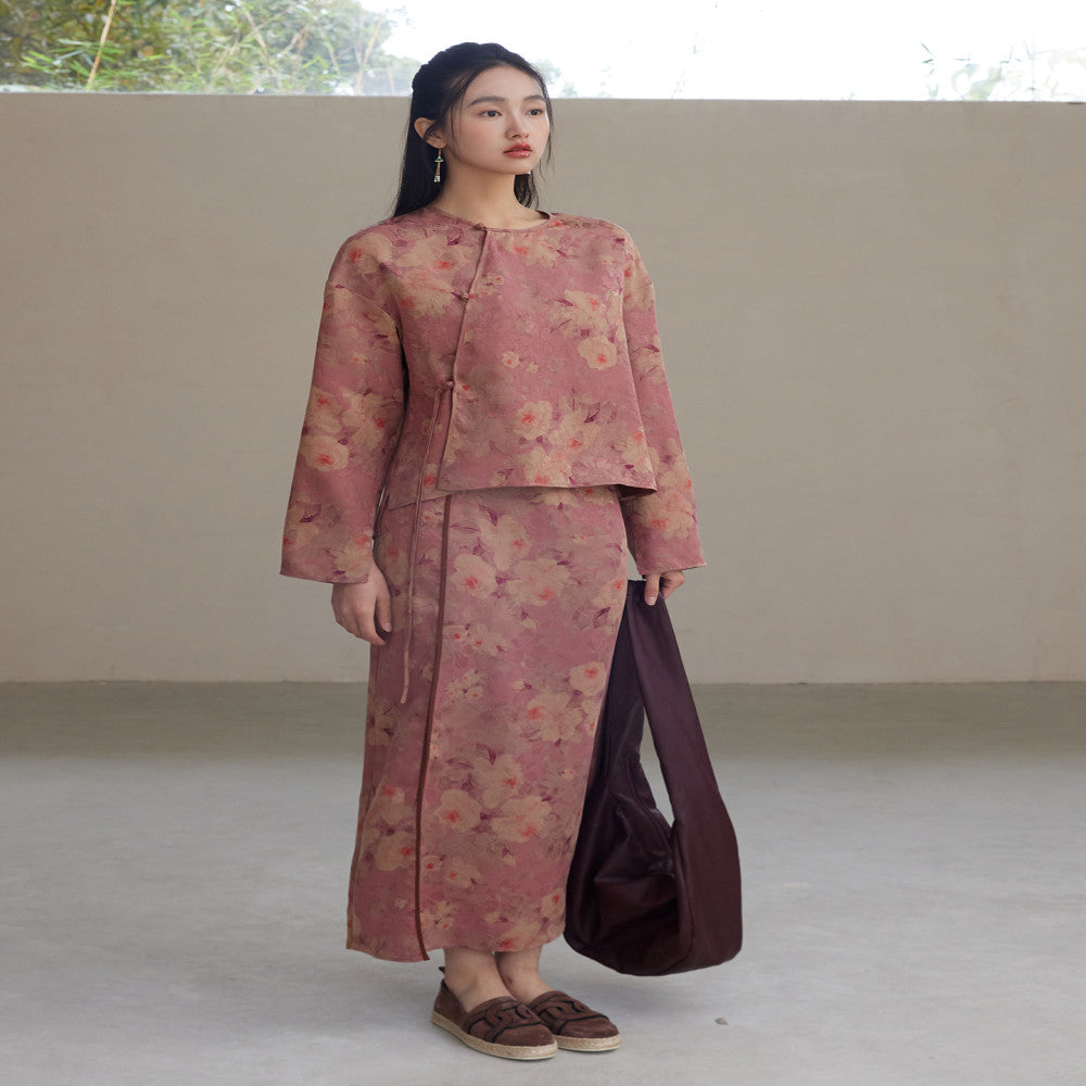 Hua Luo Di Hong Yun Sha 100 Mulberry Silk New Chinese style Slant Front Coat Improved Cheongsam Skirt image 20