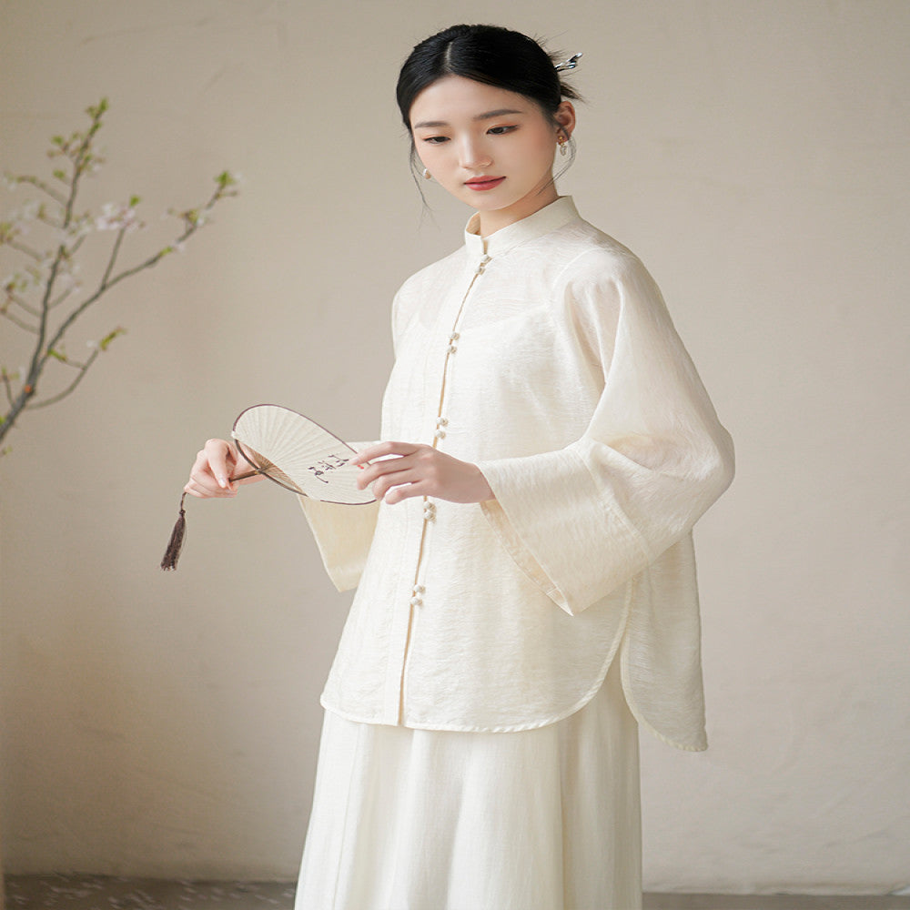 Chuchan Tang style Chinese style women s clothing new autumn new Chinese style buckle Zen tea suit shirt top half skirt set image 1