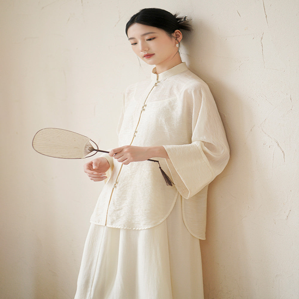 Chuchan Tang style Chinese style women s clothing new autumn new Chinese style buckle Zen tea suit shirt top half skirt set image 2