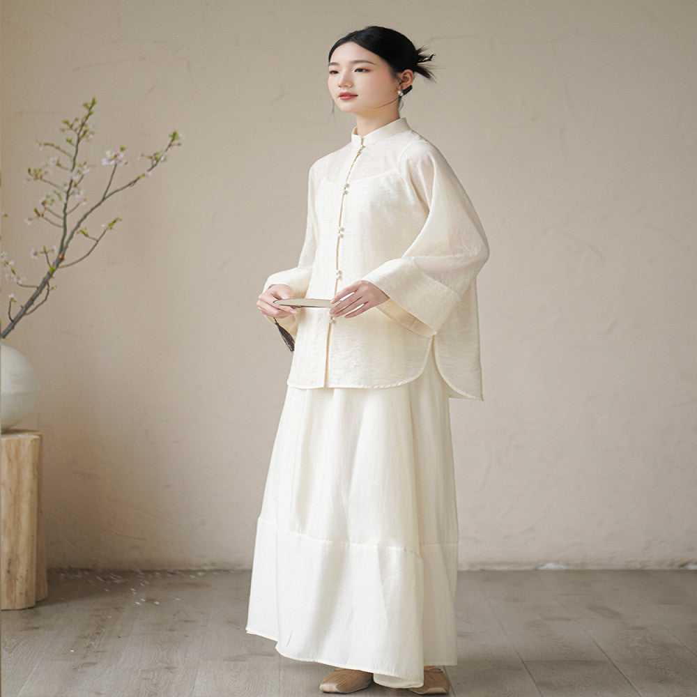 Chuchan Tang style Chinese style women s clothing new autumn new Chinese style buckle Zen tea suit shirt top half skirt set image 3