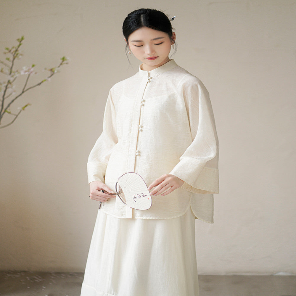Chuchan Tang style Chinese style women s clothing new autumn new Chinese style buckle Zen tea suit shirt top half skirt set image 4
