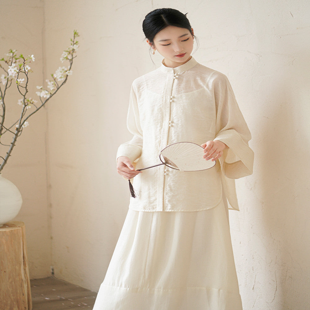 Chuchan Tang style Chinese style women s clothing new autumn new Chinese style buckle Zen tea suit shirt top half skirt set image 5
