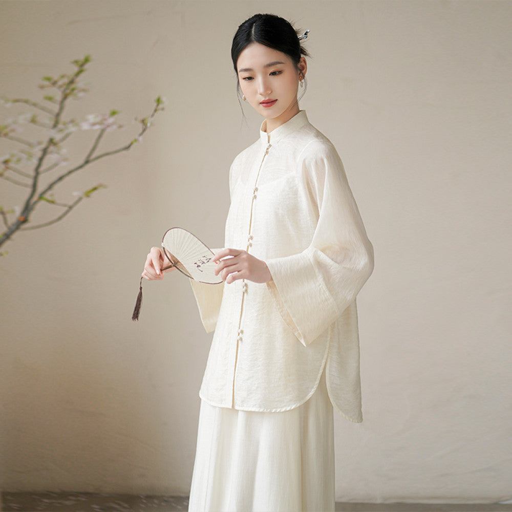 Chuchan Tang style Chinese style women s clothing new autumn new Chinese style buckle Zen tea suit shirt top half skirt set image 7
