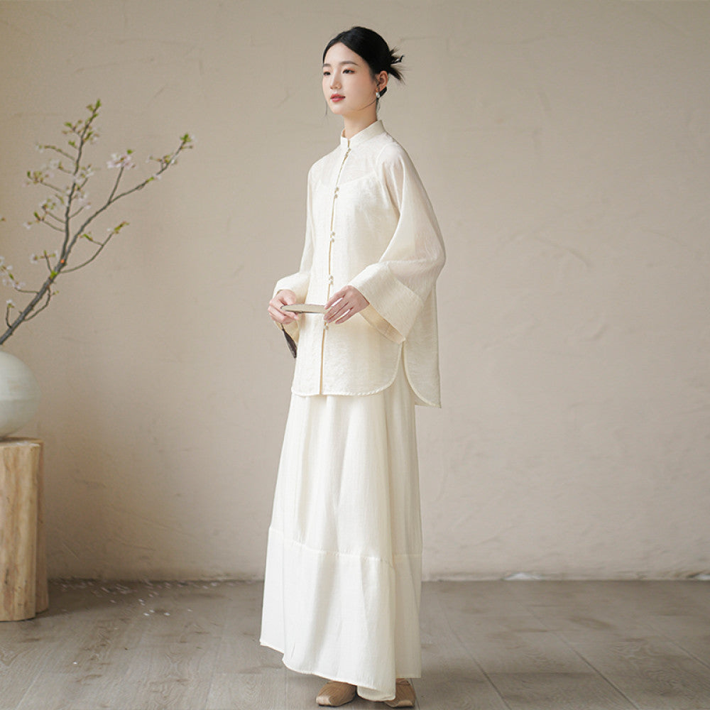 Chuchan Tang style Chinese style women s clothing new autumn new Chinese style buckle Zen tea suit shirt top half skirt set image 19