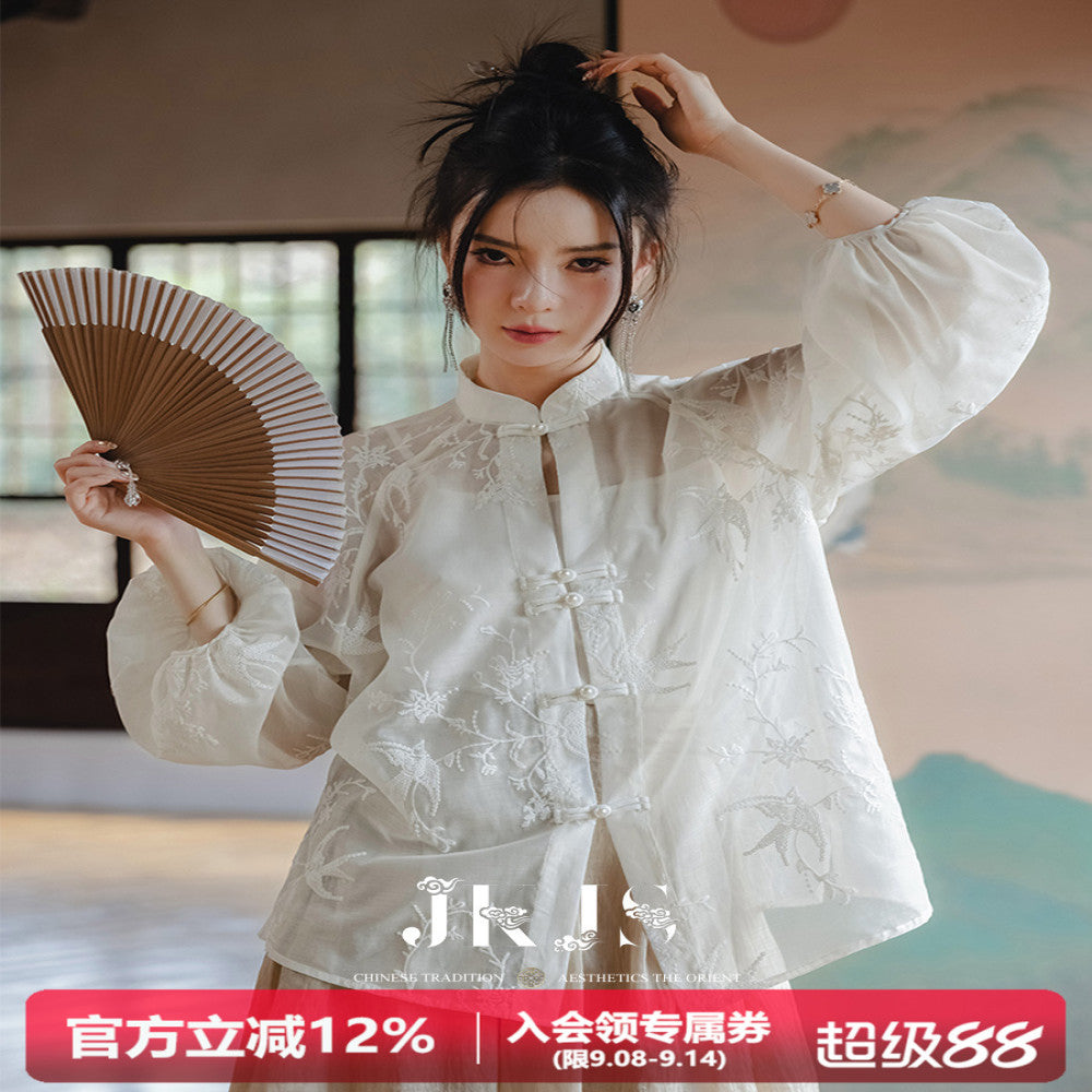 JKJS White Swallow Wrapping Tang style Women s Chinese Style Improved Hanfu Women s Shirt New Chinese style Button Top image 1