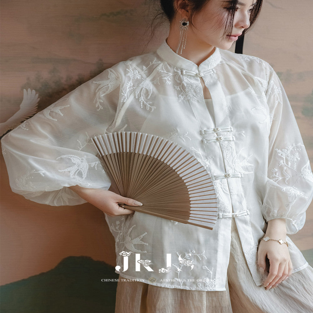 JKJS White Swallow Wrapping Tang style Women s Chinese Style Improved Hanfu Women s Shirt New Chinese style Button Top image 2