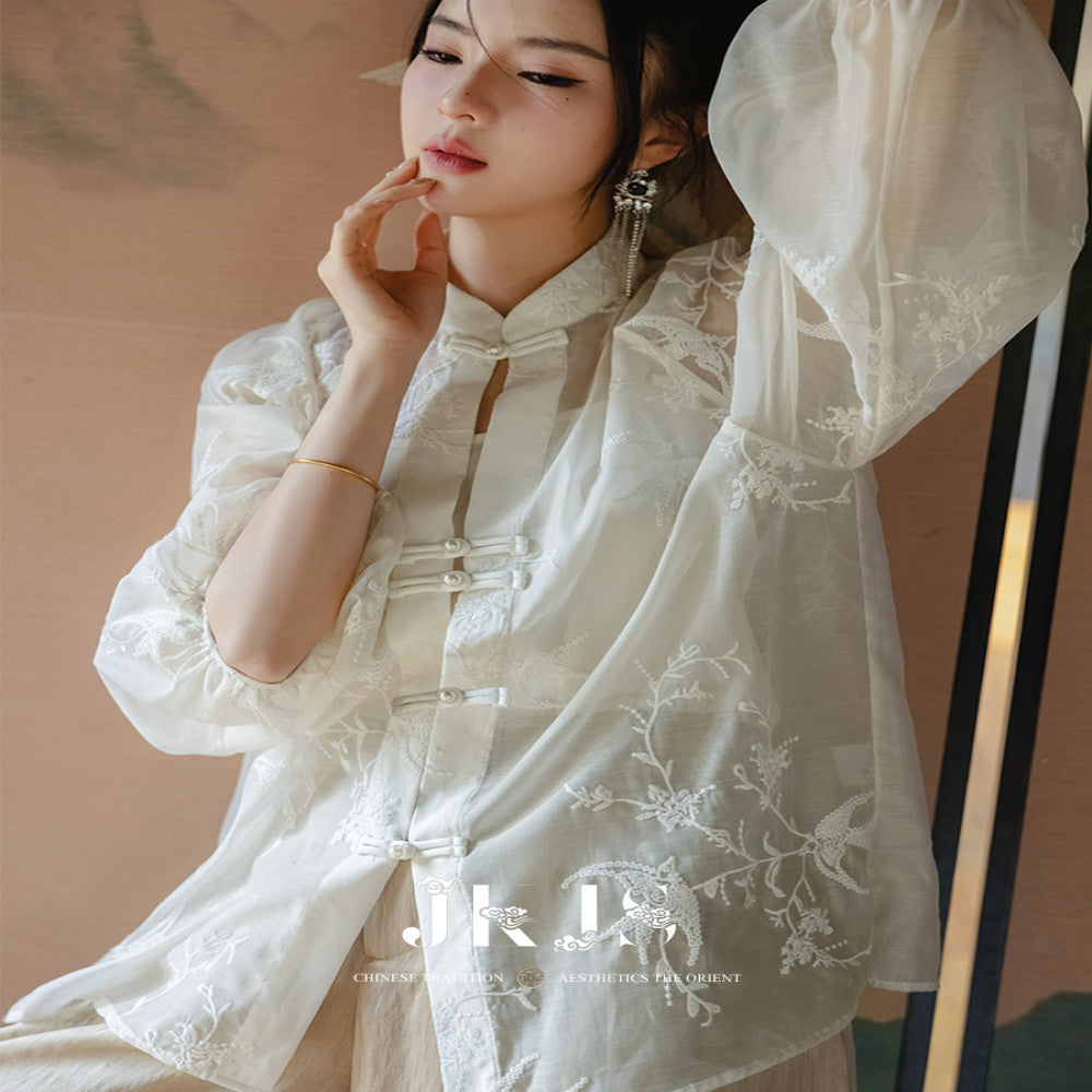 JKJS White Swallow Wrapping Tang style Women s Chinese Style Improved Hanfu Women s Shirt New Chinese style Button Top image 5