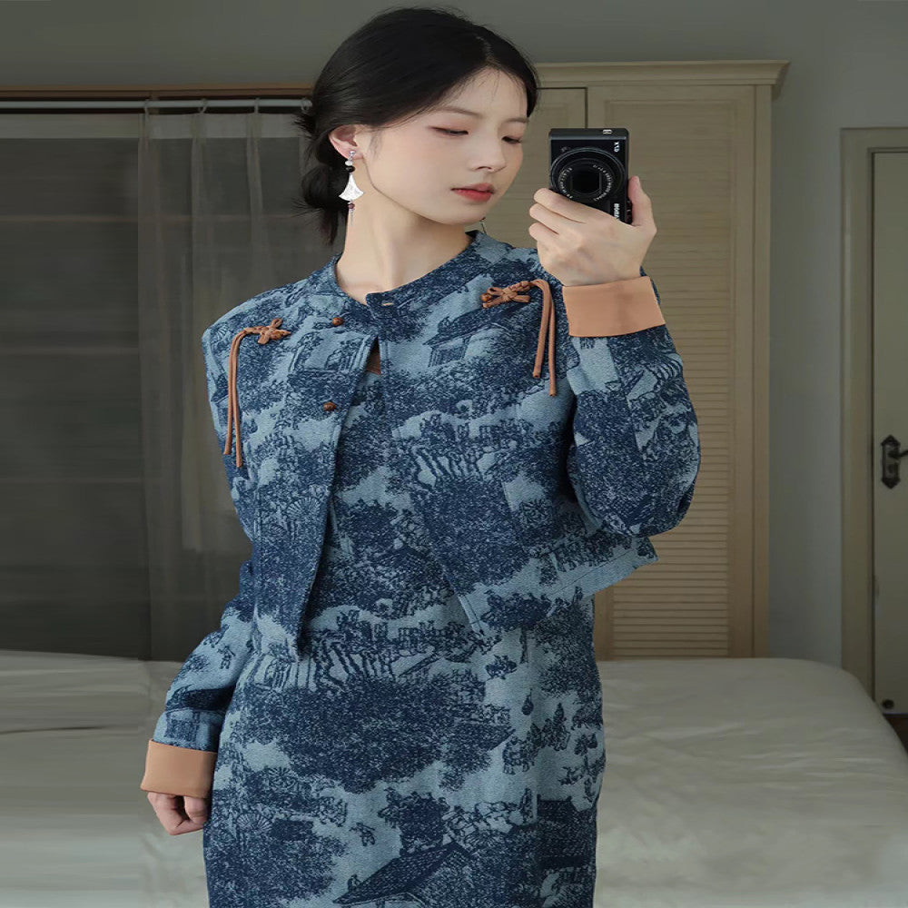 Spring New Chinese style Small Fragrant Short Coat Retro Tank Top Dress Unique Buckle Zen Two piece Set image 2