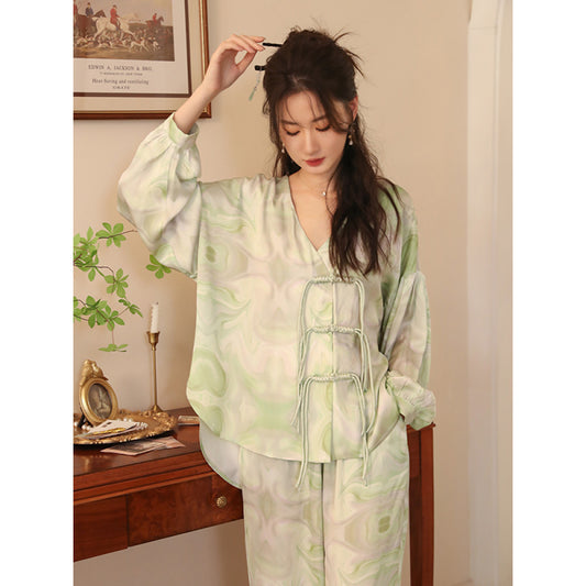 ASAYA3089 Spring and Autumn New Chinese Style V-neck Disk Button Loose Suit