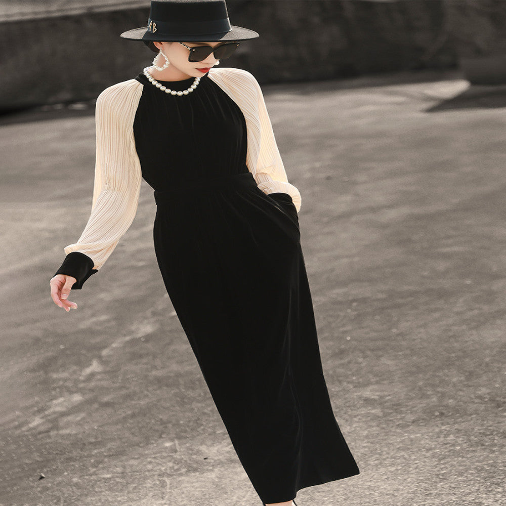 Lanser 2025 autumn new style elegant long sleeved pleated splicing waist slimming black velvet dress image 6